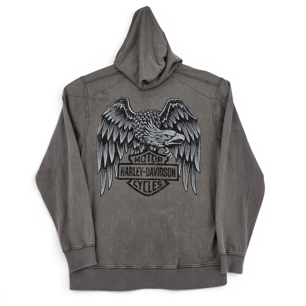 Harley Davidson Mens L Zip Hoodie Jacket Gray Eagle Graphic Biker Motorcycle Y2K
